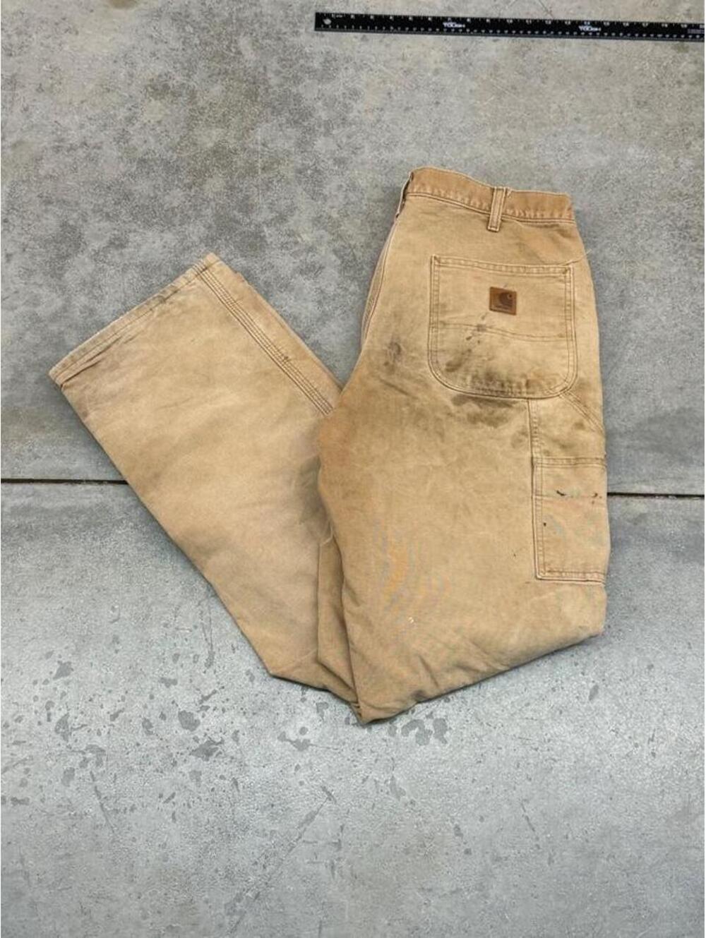 vintage carhartt faded tan flannel lined relaxed baggy fit dungaree cargo pants